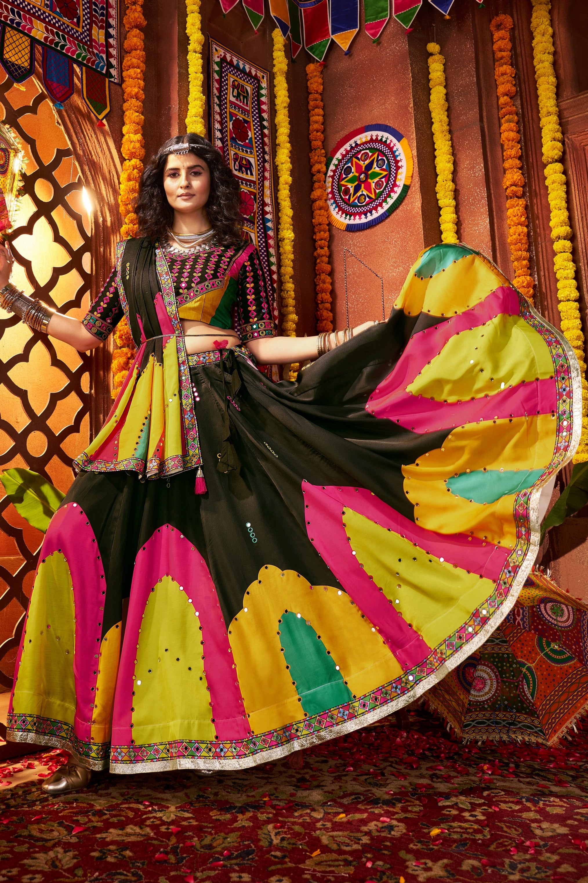 Multicolor Art Silk Indian Navaratri Festival Garba Chaniya Choli Set 9 Meter Flair - Real Mirror Work, Print Work, Thread Embroidery Work