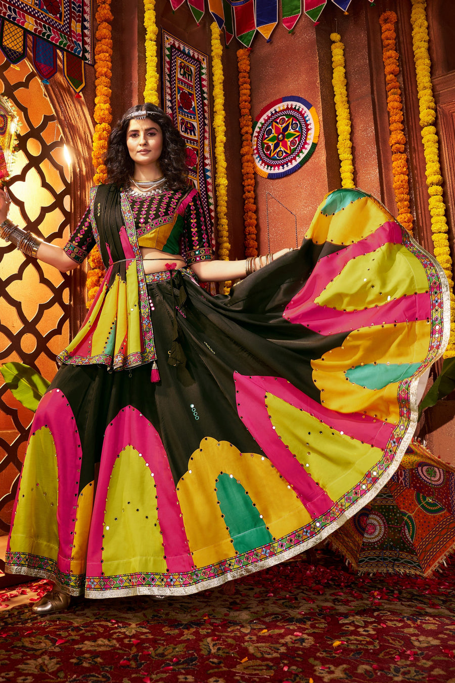 Multicolor Art Silk Indian Navaratri Festival Garba Chaniya Choli Set 9 Meter Flair - Real Mirror Work, Print Work, Thread Embroidery Work