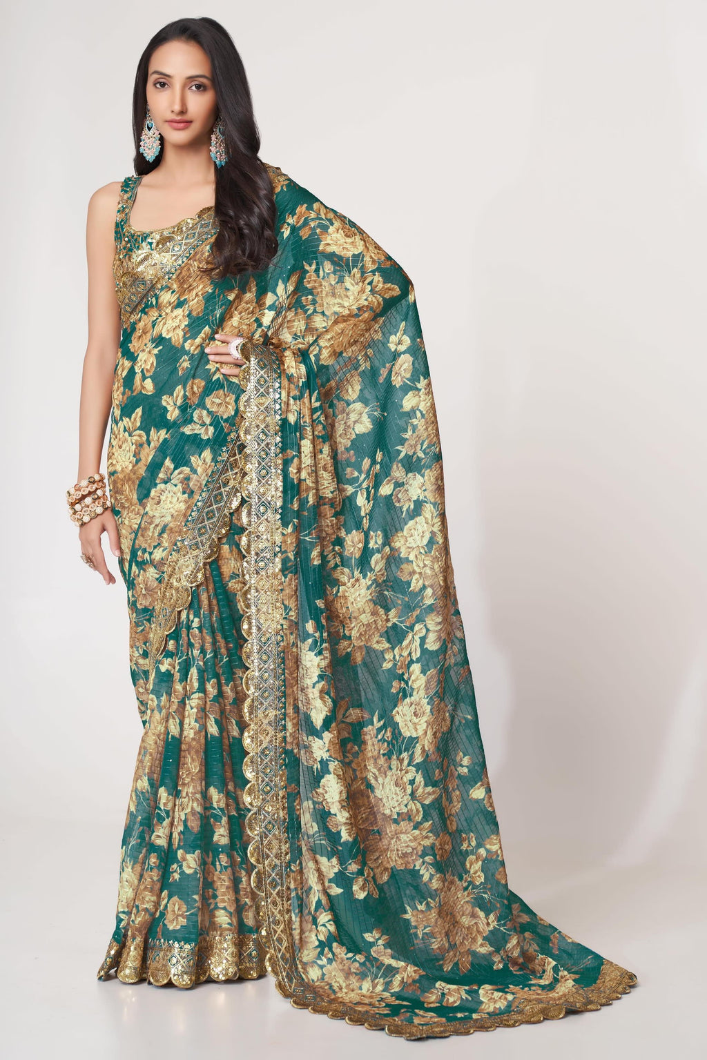 Teal Organza Silk Floral Saree Blouse With Underskirt & Fall Pico For Indian & Pakistani Wedding Festival - Sequins & Thread Embroidery Work, Print Work
