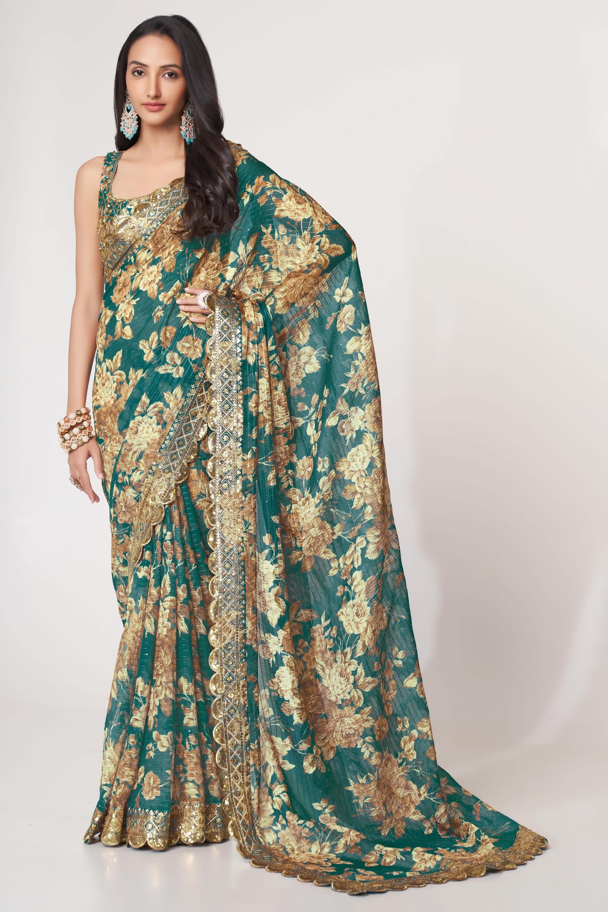 Teal Organza Silk Floral Saree Blouse With Underskirt & Fall Pico For Indian & Pakistani Wedding Festival - Sequins & Thread Embroidery Work, Print Work