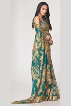 Teal Organza Silk Floral Saree Blouse With Underskirt & Fall Pico For Indian & Pakistani Wedding Festival - Sequins & Thread Embroidery Work, Print Work