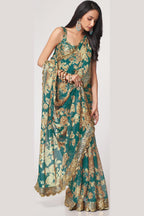 Teal Organza Silk Floral Saree Blouse With Underskirt & Fall Pico For Indian & Pakistani Wedding Festival - Sequins & Thread Embroidery Work, Print Work