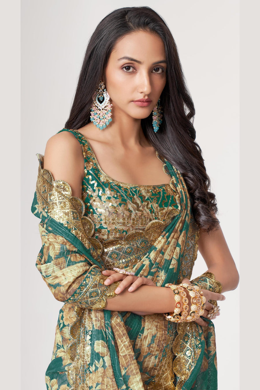 Teal Organza Silk Floral Saree Blouse With Underskirt & Fall Pico For Indian & Pakistani Wedding Festival - Sequins & Thread Embroidery Work, Print Work