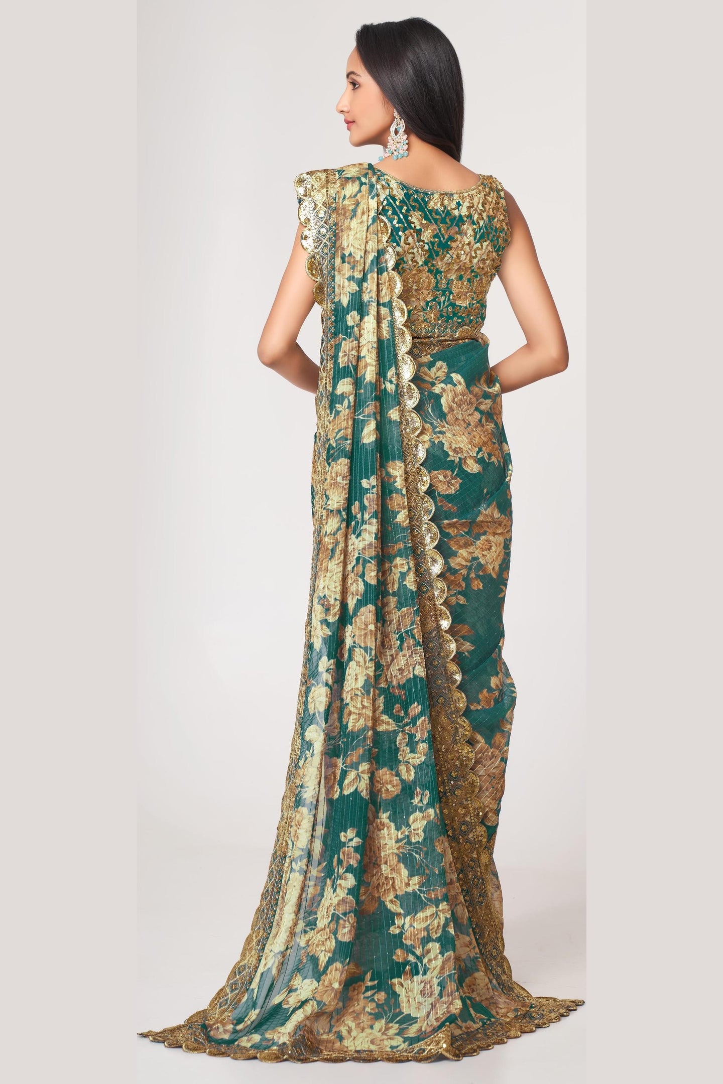 Teal Organza Silk Floral Saree Blouse With Underskirt & Fall Pico For Indian & Pakistani Wedding Festival - Sequins & Thread Embroidery Work, Print Work