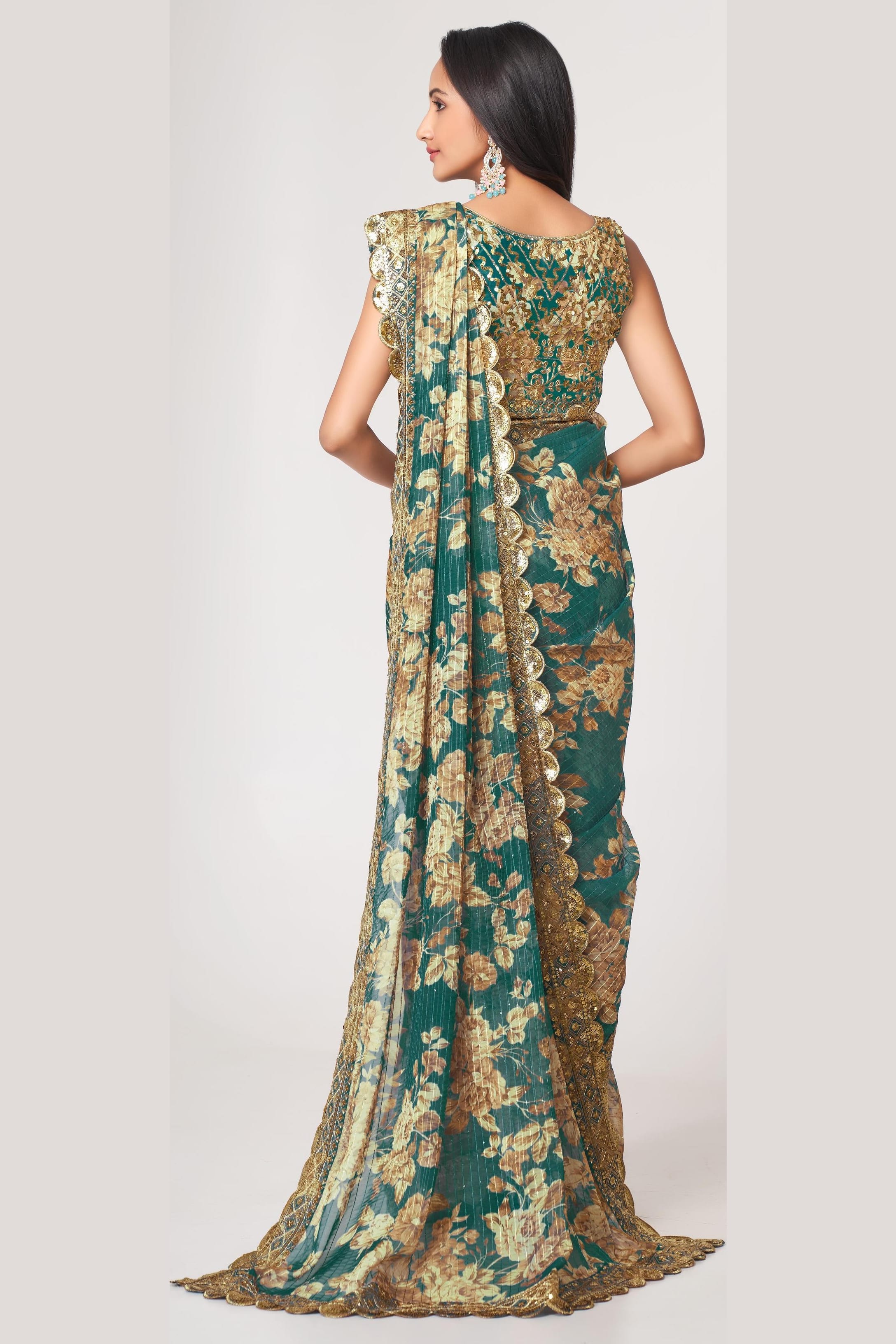 Teal Organza Silk Floral Saree Blouse With Underskirt & Fall Pico For Indian & Pakistani Wedding Festival - Sequins & Thread Embroidery Work, Print Work