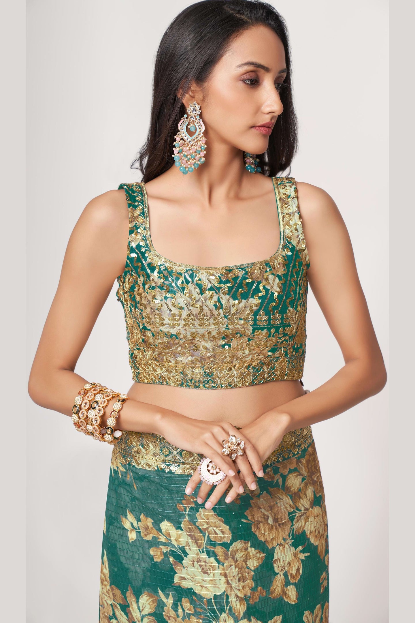 Teal Organza Silk Floral Saree Blouse With Underskirt & Fall Pico For Indian & Pakistani Wedding Festival - Sequins & Thread Embroidery Work, Print Work
