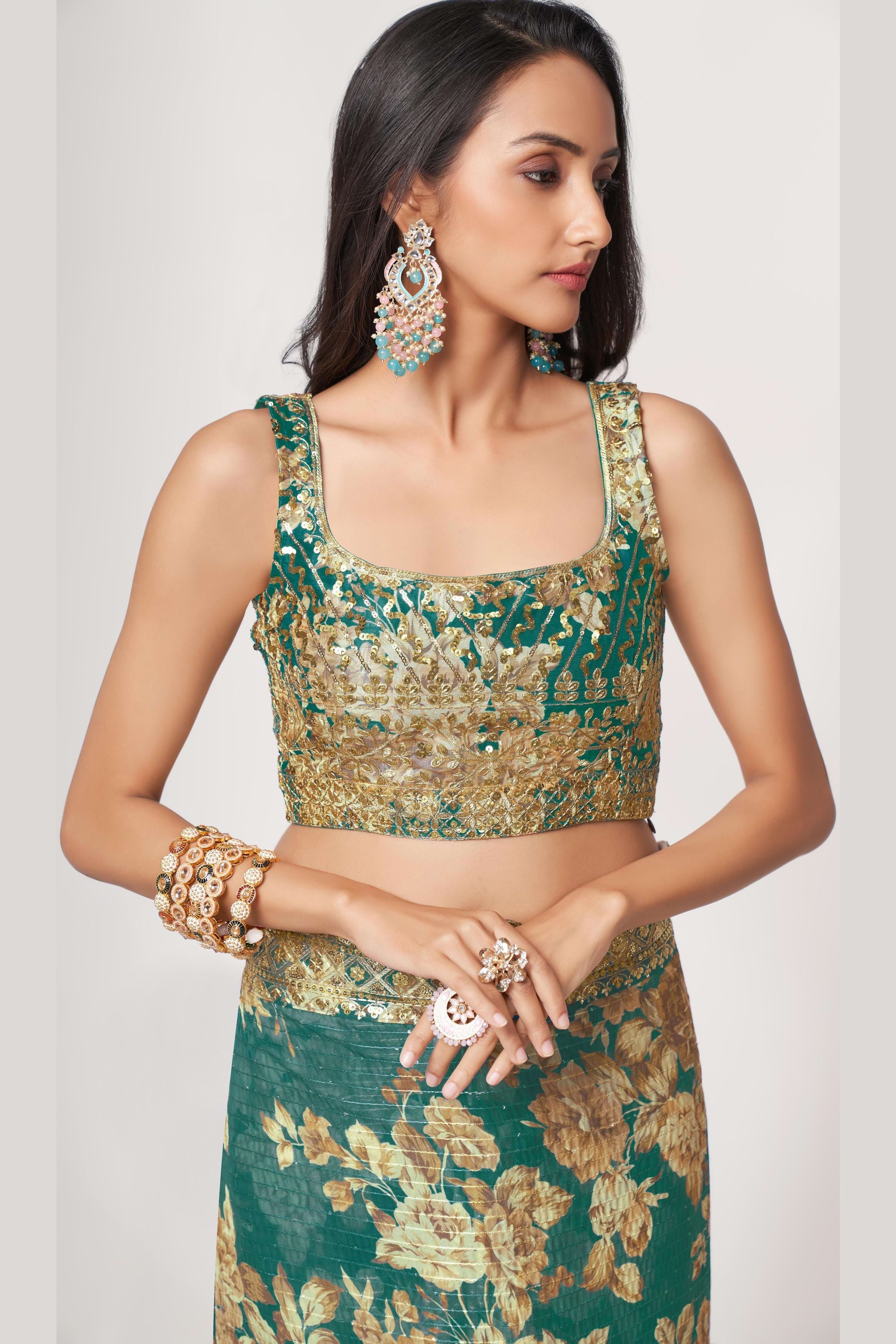 Teal Organza Silk Floral Saree Blouse With Underskirt & Fall Pico For Indian & Pakistani Wedding Festival - Sequins & Thread Embroidery Work, Print Work