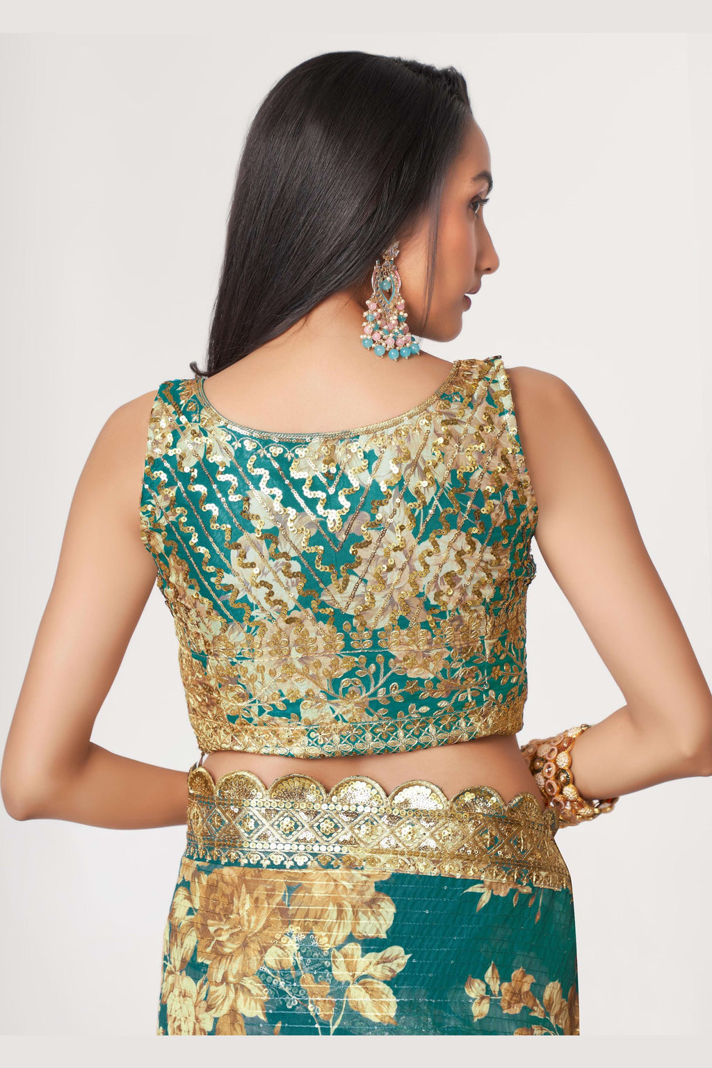 Teal Organza Silk Floral Saree Blouse With Underskirt & Fall Pico For Indian & Pakistani Wedding Festival - Sequins & Thread Embroidery Work, Print Work