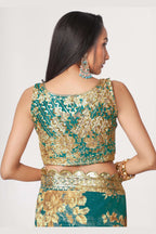 Teal Organza Silk Floral Saree Blouse With Underskirt & Fall Pico For Indian & Pakistani Wedding Festival - Sequins & Thread Embroidery Work, Print Work