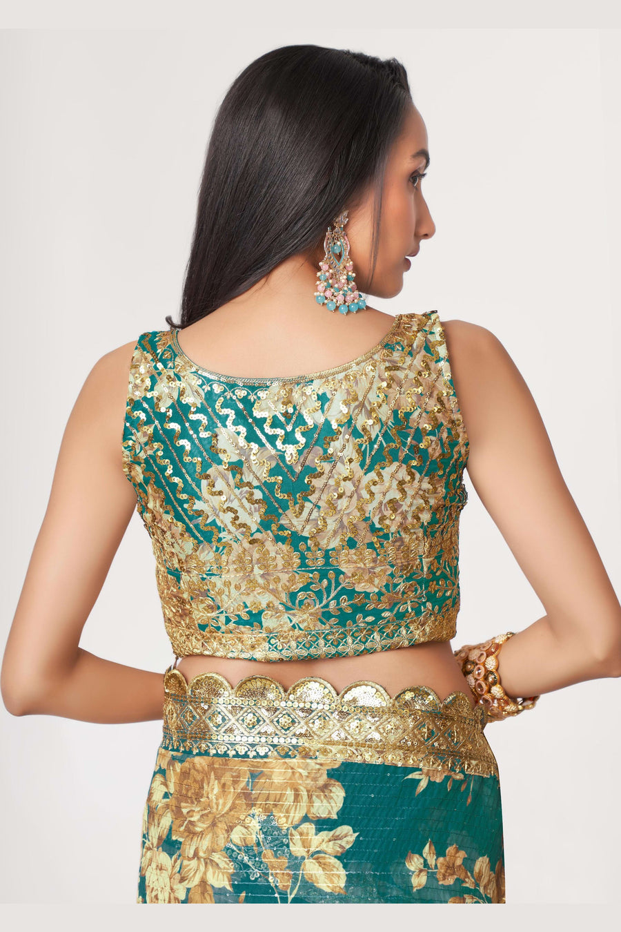 Teal Organza Silk Floral Saree Blouse With Underskirt & Fall Pico For Indian & Pakistani Wedding Festival - Sequins & Thread Embroidery Work, Print Work