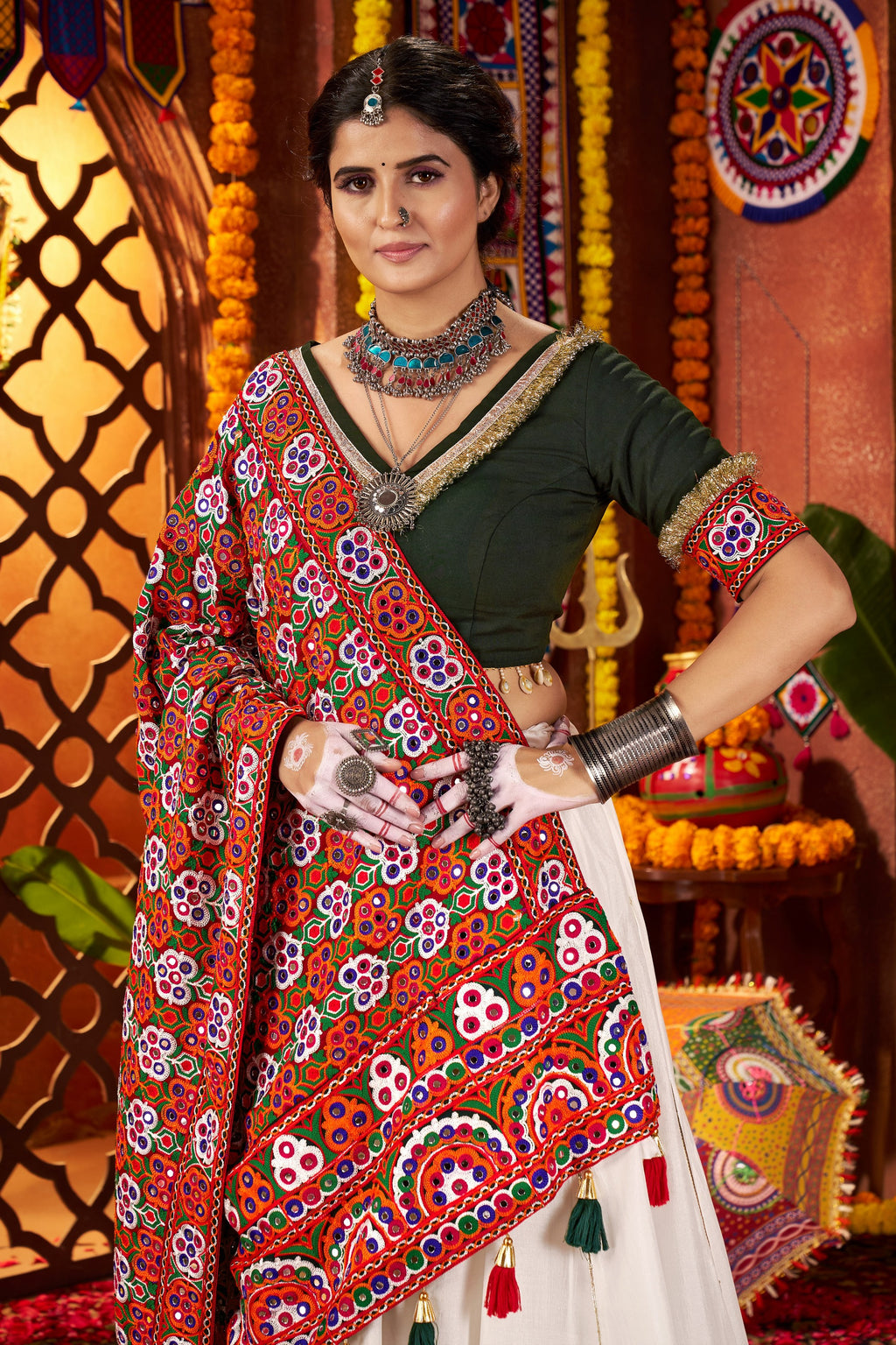 White Viscose Cotton Garba Chaniya Choli For Navratri Indian Festival 9 Meter Flair - Thread Embroidery Work, Real Mirror Work