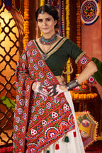 White Viscose Cotton Garba Chaniya Choli For Navratri Indian Festival 9 Meter Flair - Thread Embroidery Work, Real Mirror Work