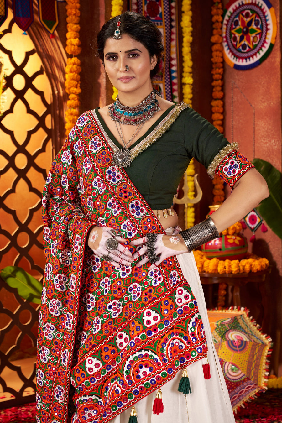 White Viscose Cotton Garba Chaniya Choli For Navratri Indian Festival 9 Meter Flair - Thread Embroidery Work, Real Mirror Work