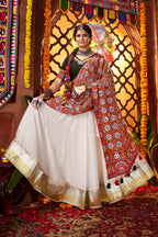 White Viscose Cotton Garba Chaniya Choli For Navratri Indian Festival 9 Meter Flair - Thread Embroidery Work, Real Mirror Work