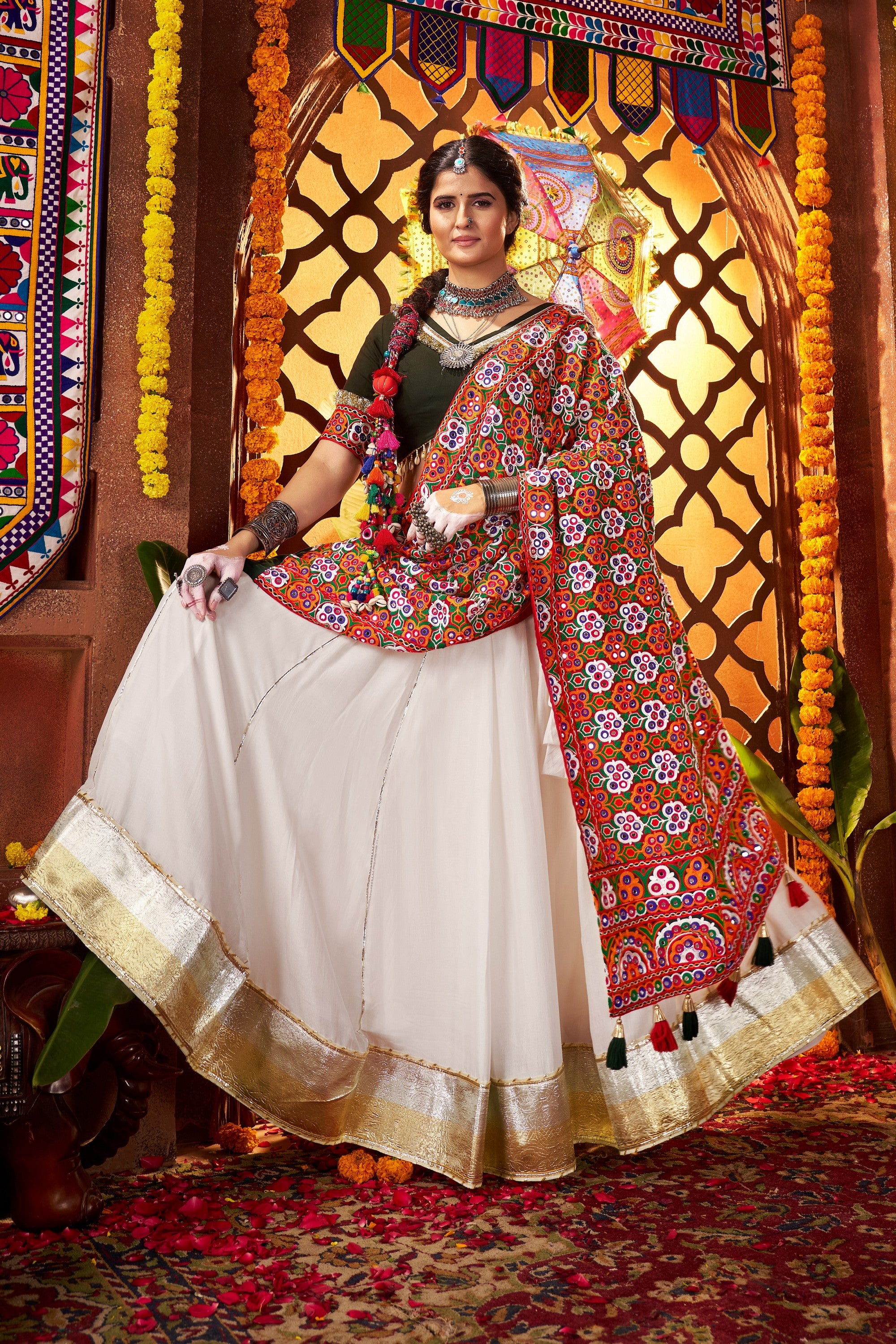 White Viscose Cotton Garba Chaniya Choli For Navratri Indian Festival 9 Meter Flair - Thread Embroidery Work, Real Mirror Work