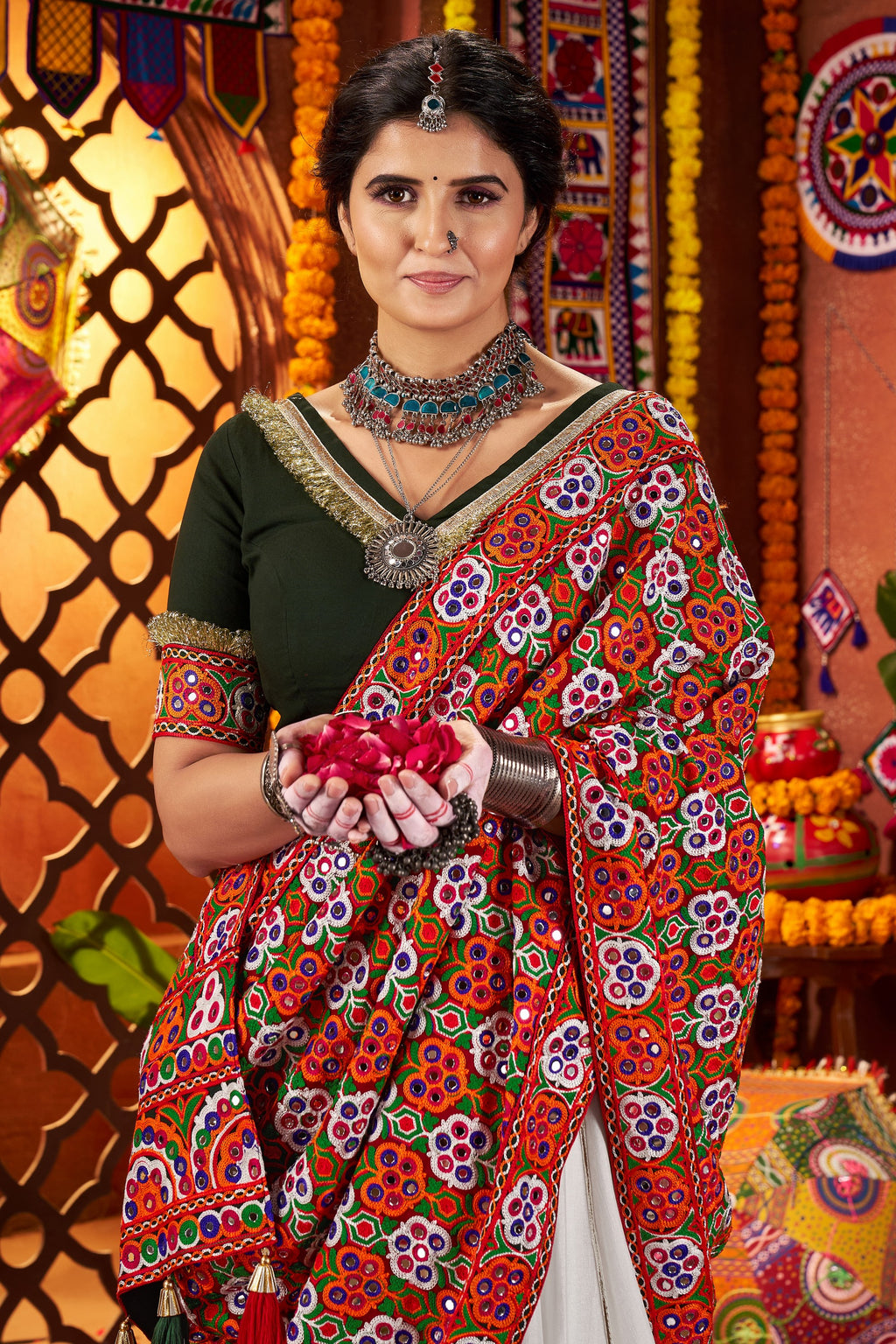 White Viscose Cotton Garba Chaniya Choli For Navratri Indian Festival 9 Meter Flair - Thread Embroidery Work, Real Mirror Work