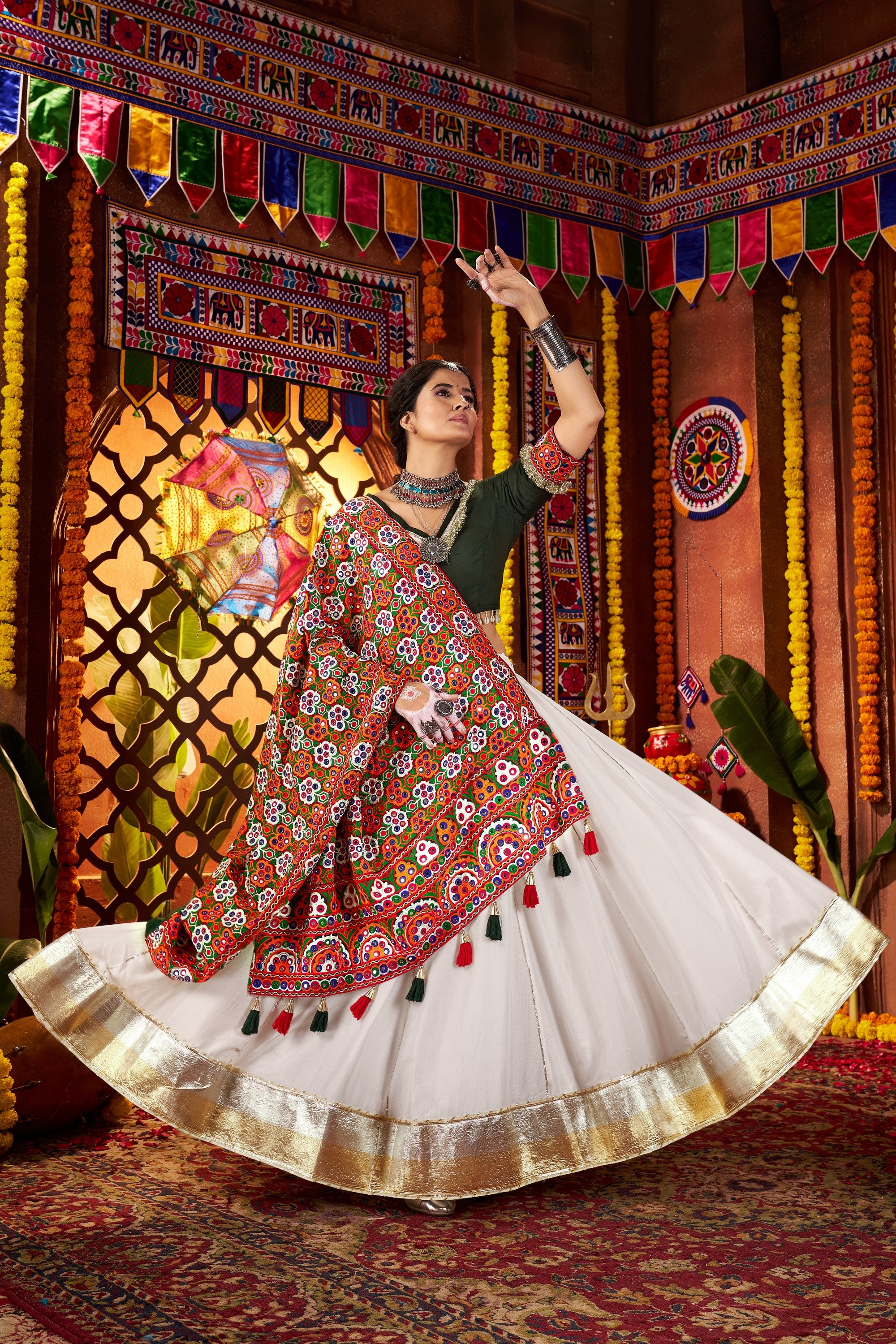 White Viscose Cotton Garba Chaniya Choli For Navratri Indian Festival 9 Meter Flair - Thread Embroidery Work, Real Mirror Work