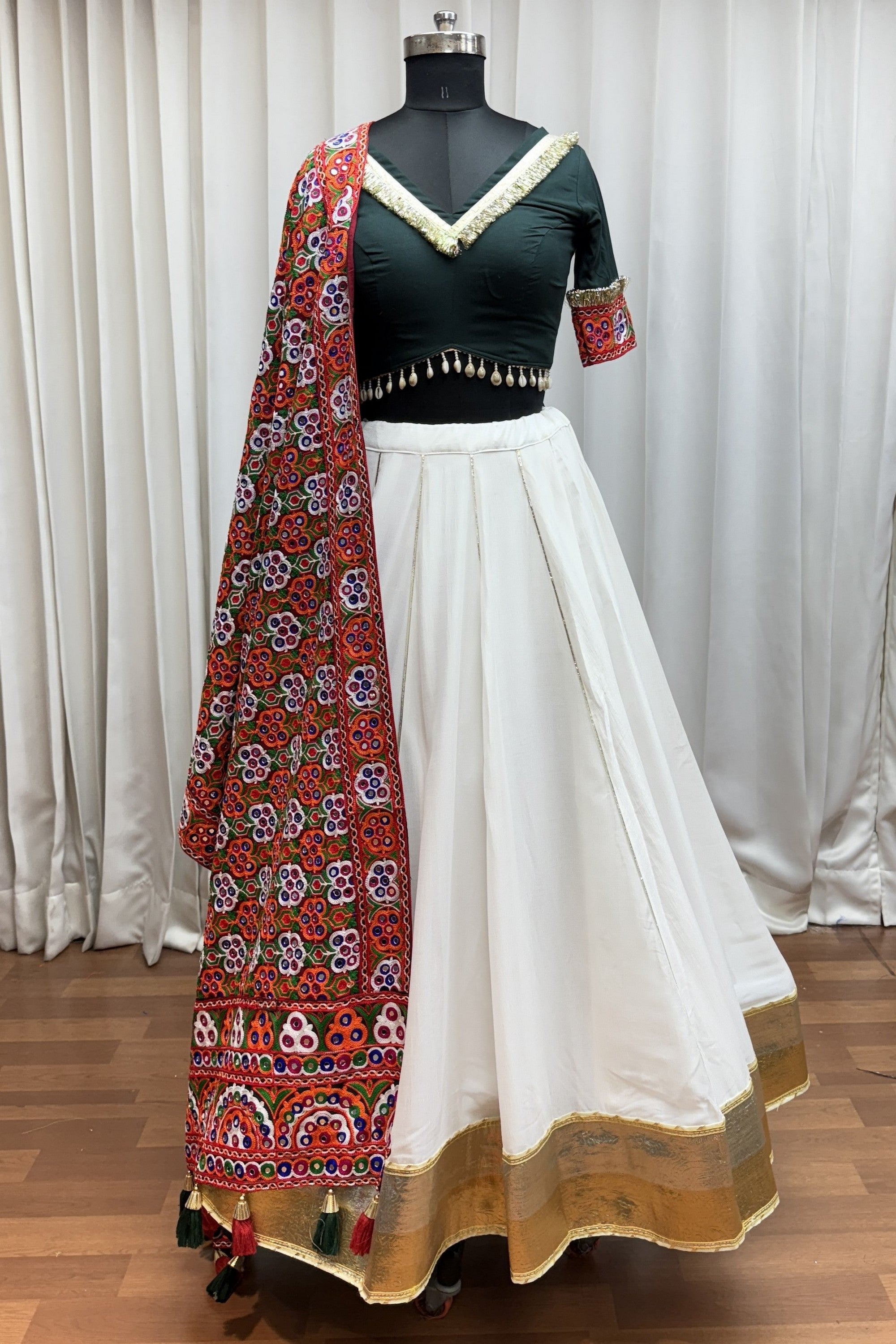 White Viscose Cotton Garba Chaniya Choli For Navratri Indian Festival 9 Meter Flair - Thread Embroidery Work, Real Mirror Work