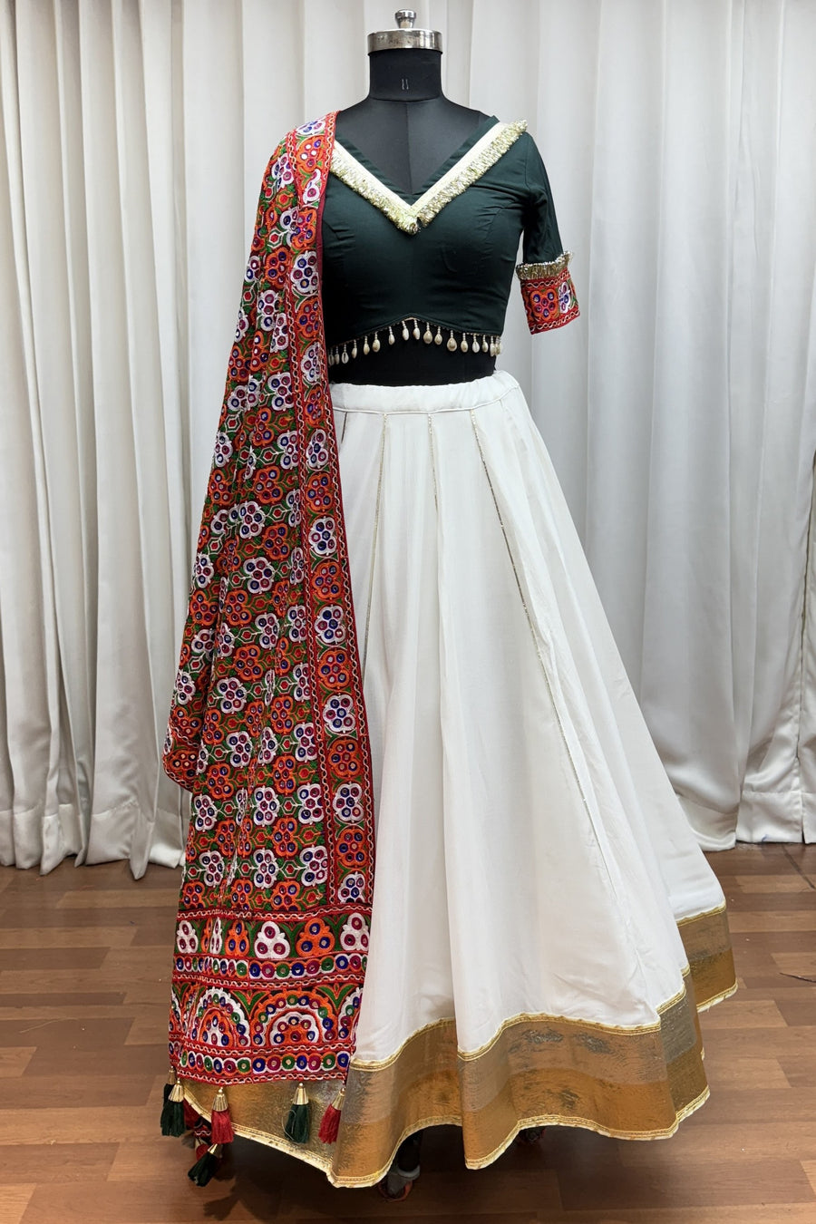 White Viscose Cotton Garba Chaniya Choli For Navratri Indian Festival 9 Meter Flair - Thread Embroidery Work, Real Mirror Work