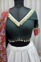 White Viscose Cotton Garba Chaniya Choli For Navratri Indian Festival 9 Meter Flair - Thread Embroidery Work, Real Mirror Work