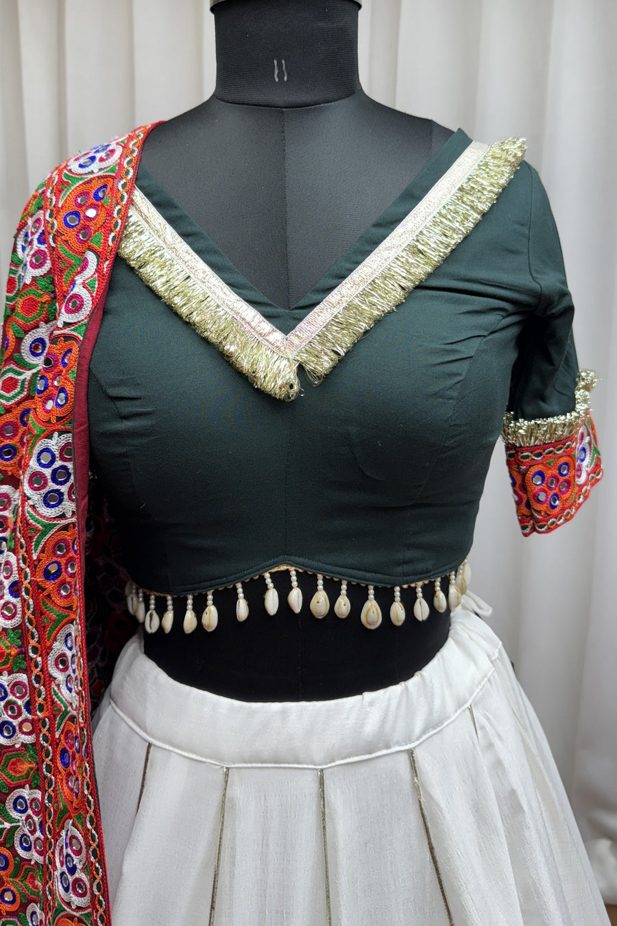 White Viscose Cotton Garba Chaniya Choli For Navratri Indian Festival 9 Meter Flair - Thread Embroidery Work, Real Mirror Work