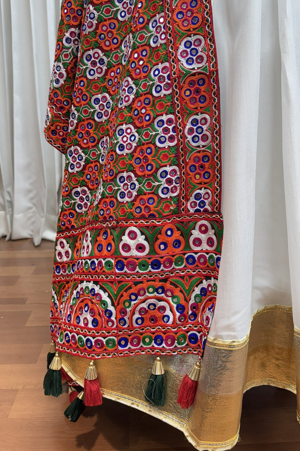 White Viscose Cotton Garba Chaniya Choli For Navratri Indian Festival 9 Meter Flair - Thread Embroidery Work, Real Mirror Work