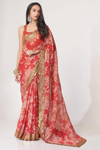 Red Organza Silk Floral Saree Blouse With Underskirt & Fall Pico For Indian & Pakistani Wedding Festival - Sequins & Thread Embroidery Work, Print Work