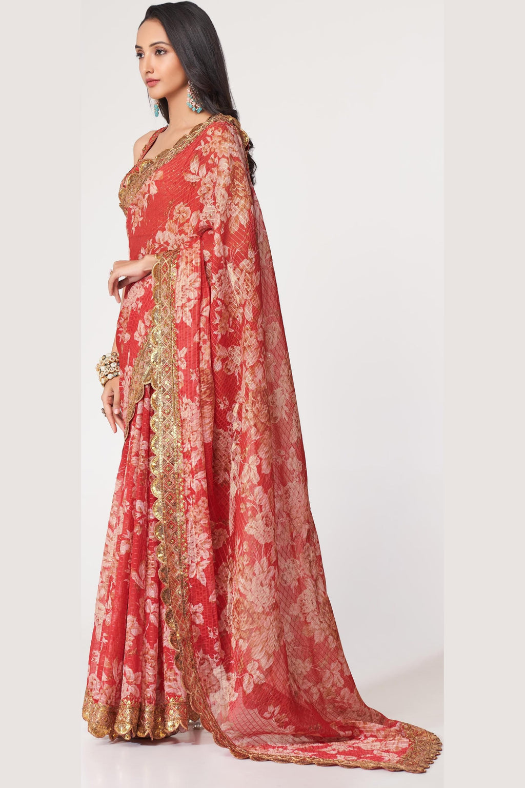 Red Organza Silk Floral Saree Blouse With Underskirt & Fall Pico For Indian & Pakistani Wedding Festival - Sequins & Thread Embroidery Work, Print Work