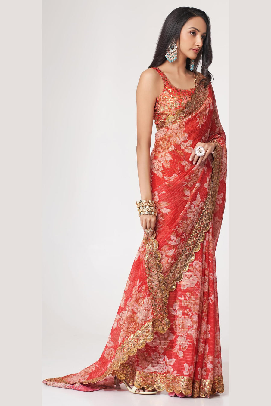Red Organza Silk Floral Saree Blouse With Underskirt & Fall Pico For Indian & Pakistani Wedding Festival - Sequins & Thread Embroidery Work, Print Work