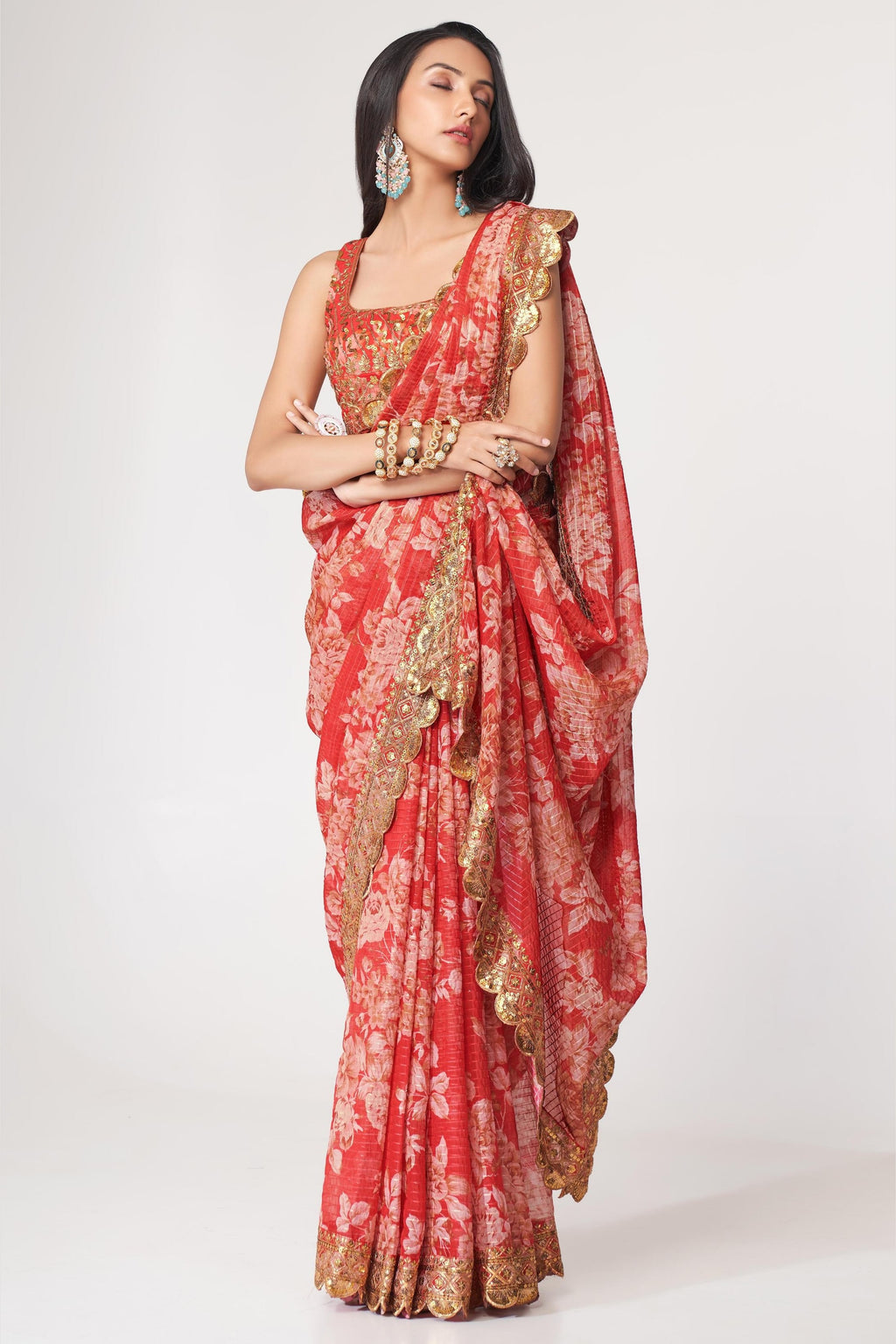 Red Organza Silk Floral Saree Blouse With Underskirt & Fall Pico For Indian & Pakistani Wedding Festival - Sequins & Thread Embroidery Work, Print Work