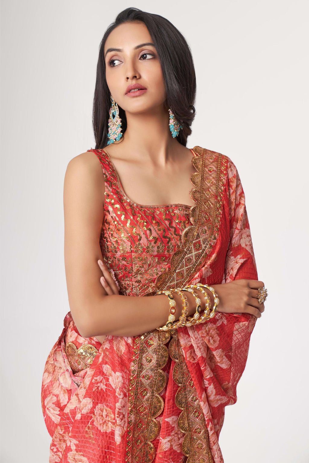 Red Organza Silk Floral Saree Blouse With Underskirt & Fall Pico For Indian & Pakistani Wedding Festival - Sequins & Thread Embroidery Work, Print Work