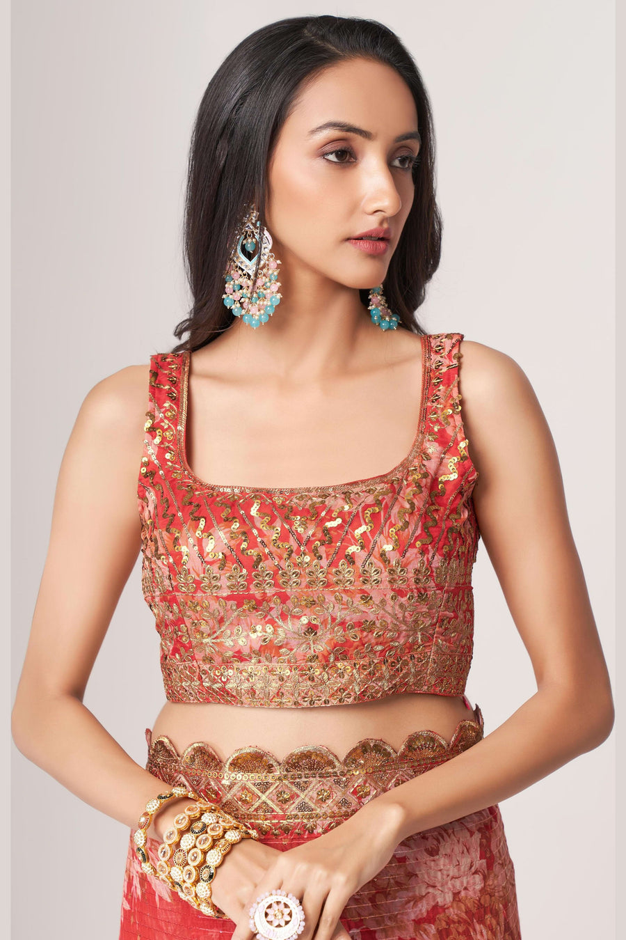 Red Organza Silk Floral Saree Blouse With Underskirt & Fall Pico For Indian & Pakistani Wedding Festival - Sequins & Thread Embroidery Work, Print Work