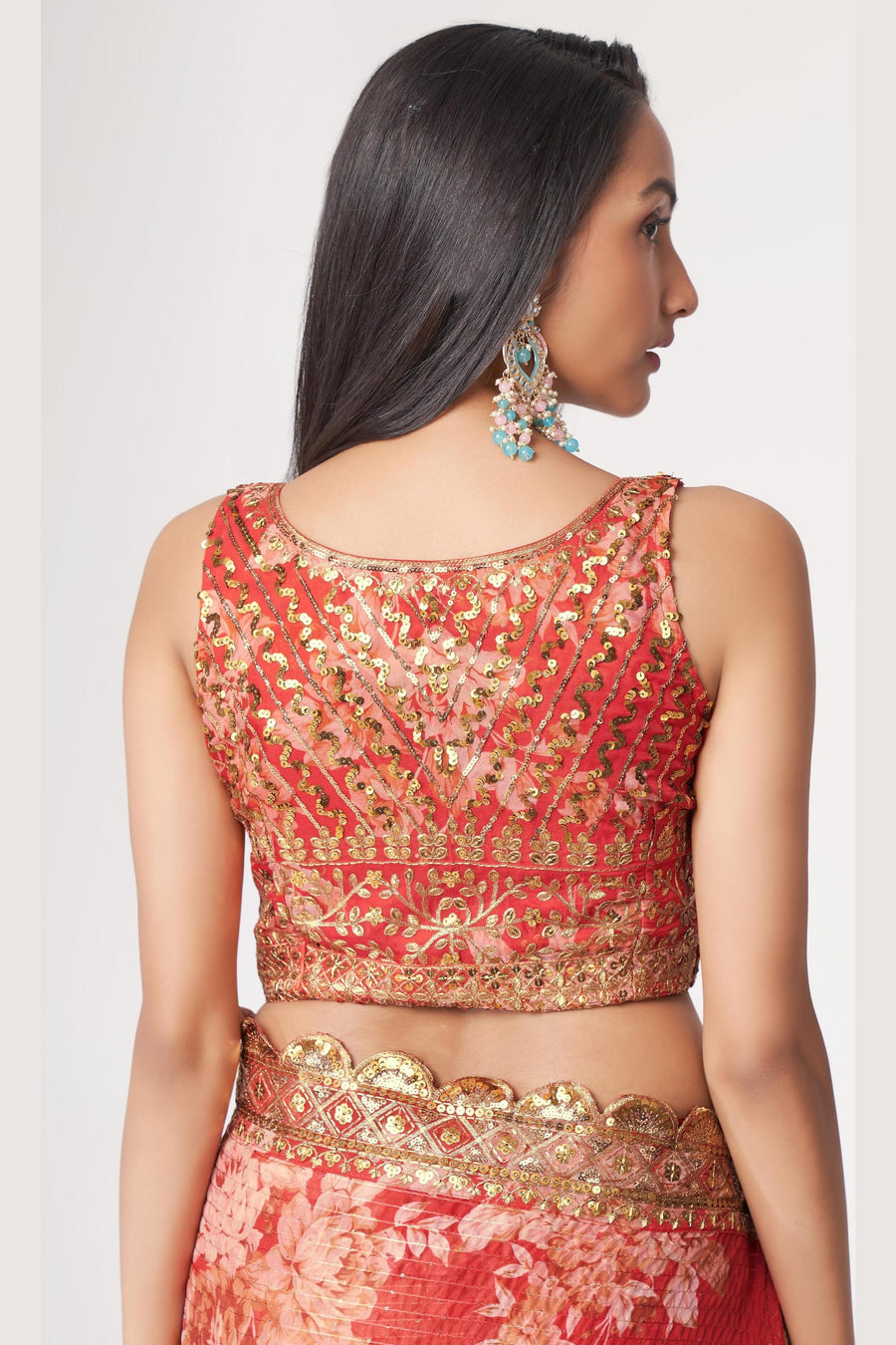 Red Organza Silk Floral Saree Blouse With Underskirt & Fall Pico For Indian & Pakistani Wedding Festival - Sequins & Thread Embroidery Work, Print Work
