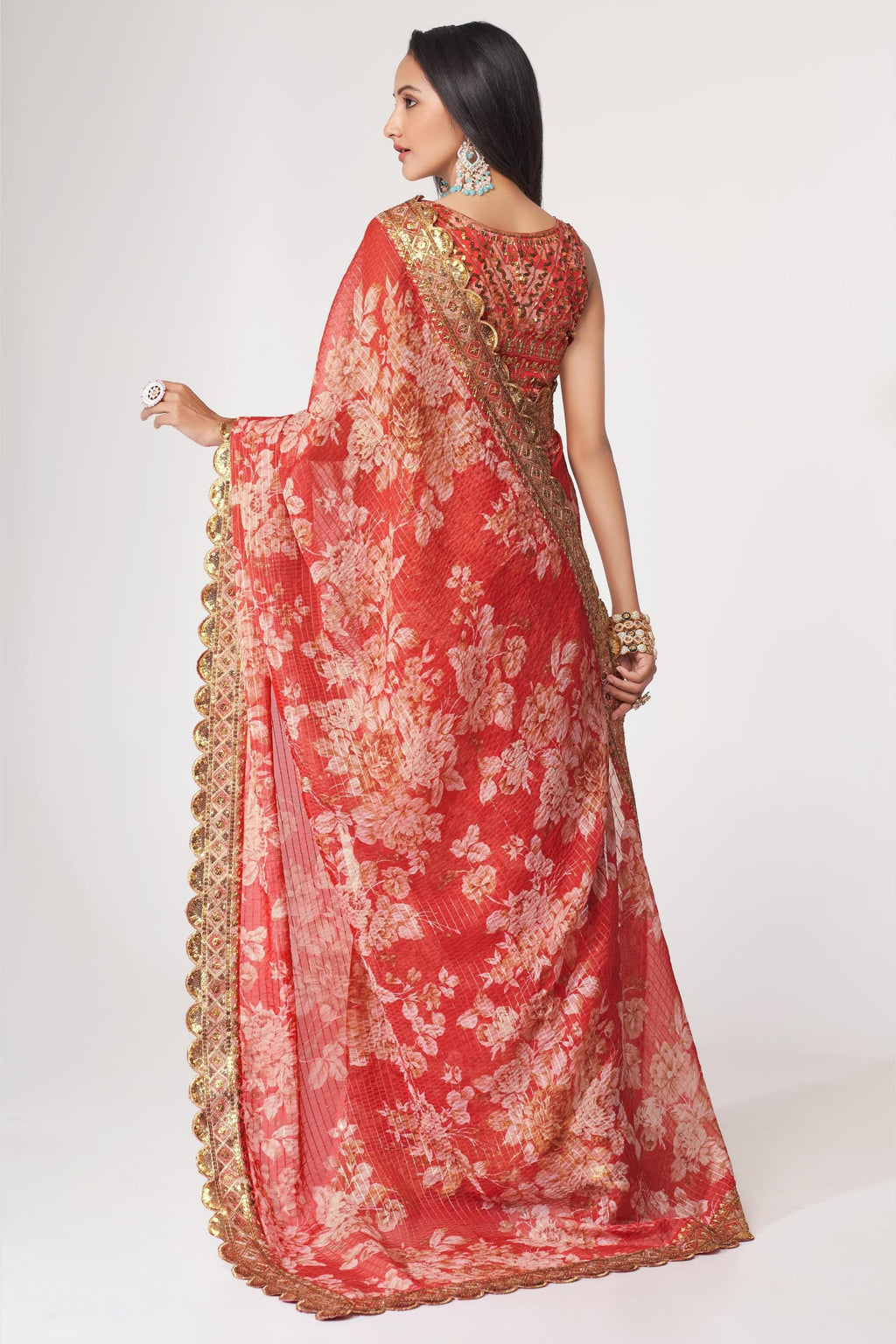 Red Organza Silk Floral Saree Blouse With Underskirt & Fall Pico For Indian & Pakistani Wedding Festival - Sequins & Thread Embroidery Work, Print Work