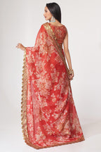Red Organza Silk Floral Saree Blouse With Underskirt & Fall Pico For Indian & Pakistani Wedding Festival - Sequins & Thread Embroidery Work, Print Work