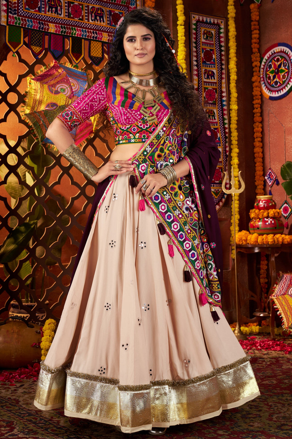 Beige Viscose Navratri Cotton Chaniya Choli For Garba Indian Festival 9 Meter Flair - Kutchi Patch Work, Print Work, Thread Embroidery Work, Real Mirror Work