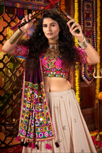 Beige Viscose Navratri Cotton Chaniya Choli For Garba Indian Festival 9 Meter Flair - Kutchi Patch Work, Print Work, Thread Embroidery Work, Real Mirror Work