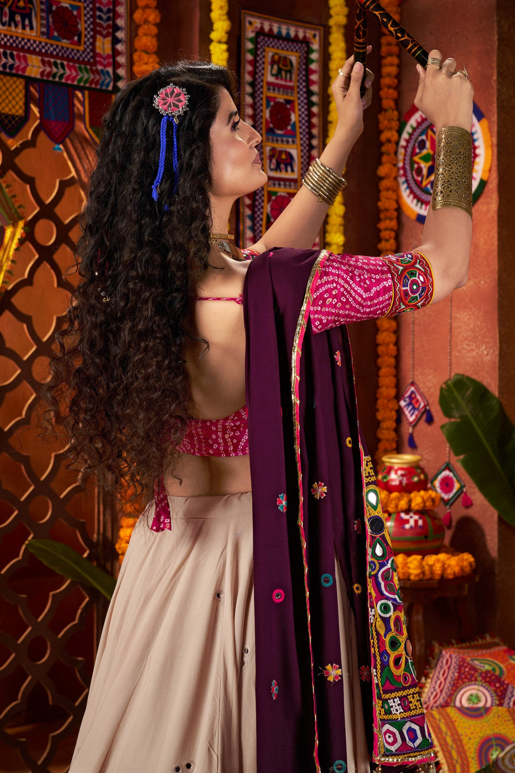 Beige Viscose Navratri Cotton Chaniya Choli For Garba Indian Festival 9 Meter Flair - Kutchi Patch Work, Print Work, Thread Embroidery Work, Real Mirror Work