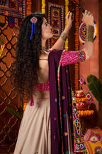 Beige Viscose Navratri Cotton Chaniya Choli For Garba Indian Festival 9 Meter Flair - Kutchi Patch Work, Print Work, Thread Embroidery Work, Real Mirror Work