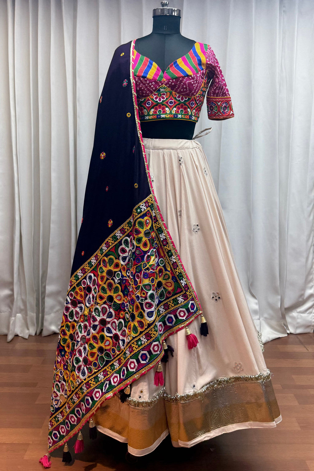 Beige Viscose Navratri Cotton Chaniya Choli For Garba Indian Festival 9 Meter Flair - Kutchi Patch Work, Print Work, Thread Embroidery Work, Real Mirror Work