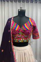 Beige Viscose Navratri Cotton Chaniya Choli For Garba Indian Festival 9 Meter Flair - Kutchi Patch Work, Print Work, Thread Embroidery Work, Real Mirror Work