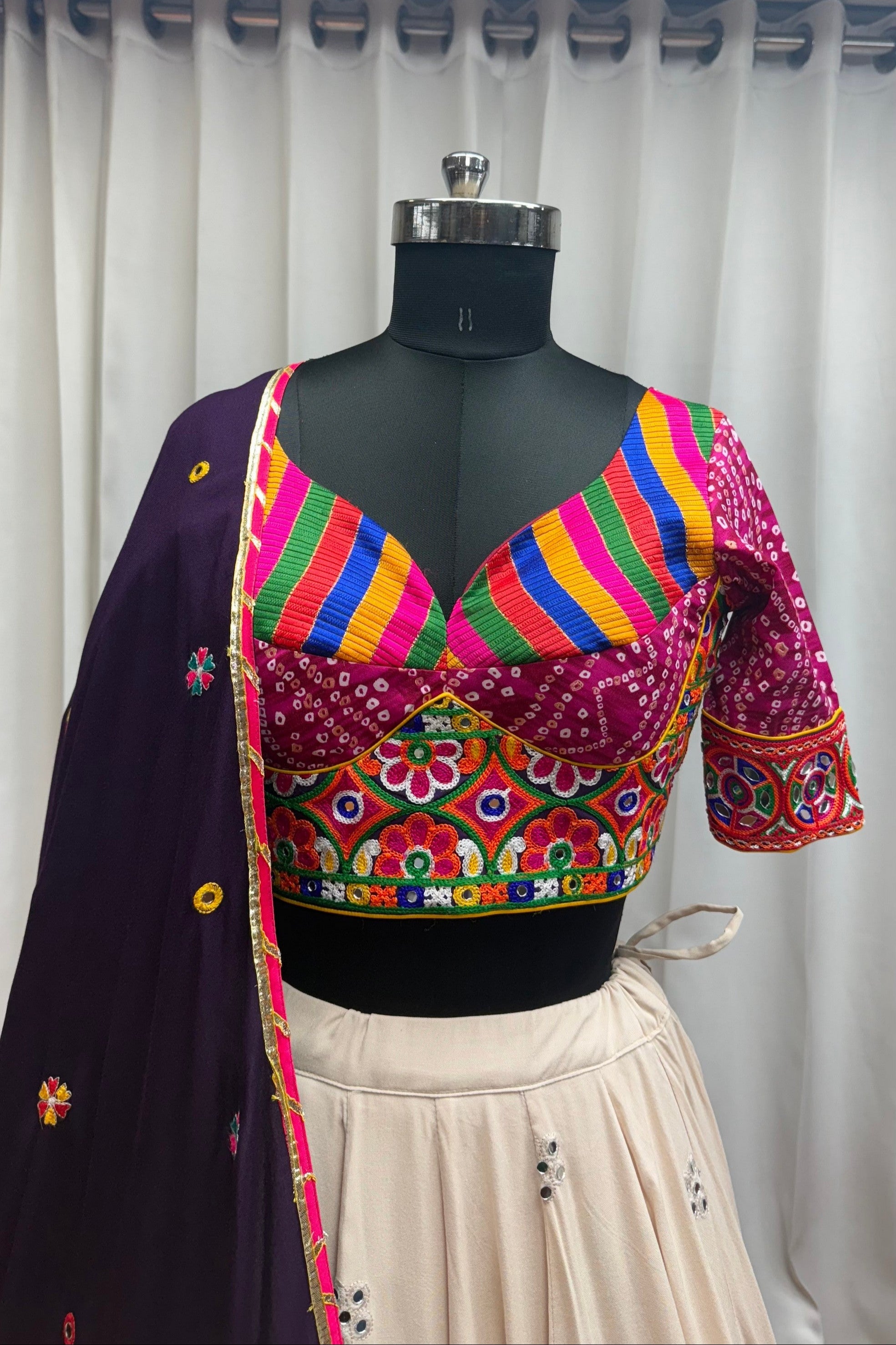 Beige Viscose Navratri Cotton Chaniya Choli For Garba Indian Festival 9 Meter Flair - Kutchi Patch Work, Print Work, Thread Embroidery Work, Real Mirror Work