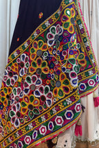 Beige Viscose Navratri Cotton Chaniya Choli For Garba Indian Festival 9 Meter Flair - Kutchi Patch Work, Print Work, Thread Embroidery Work, Real Mirror Work