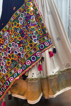 Beige Viscose Navratri Cotton Chaniya Choli For Garba Indian Festival 9 Meter Flair - Kutchi Patch Work, Print Work, Thread Embroidery Work, Real Mirror Work