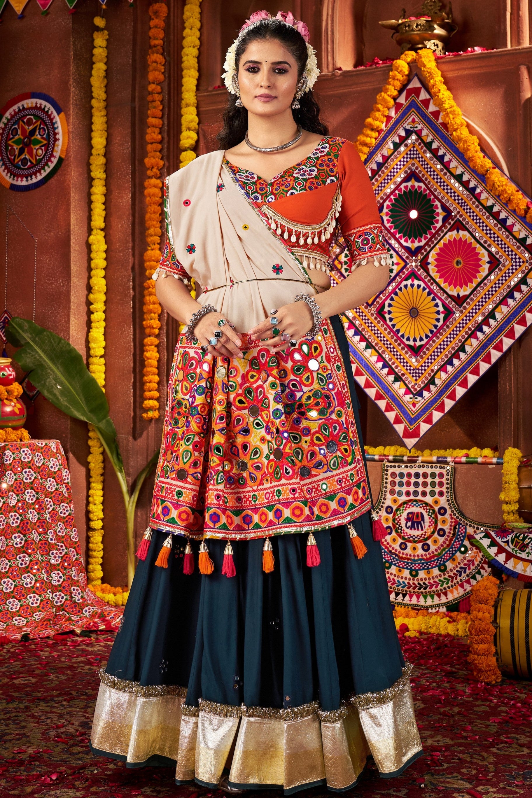 Teal Viscose Navratri Garba Cotton Chaniya Choli For Garba Indian Festivals 9 Meter Flair - Kutchi Patch Work, Real Mirror Work, Thread Embroidery Work