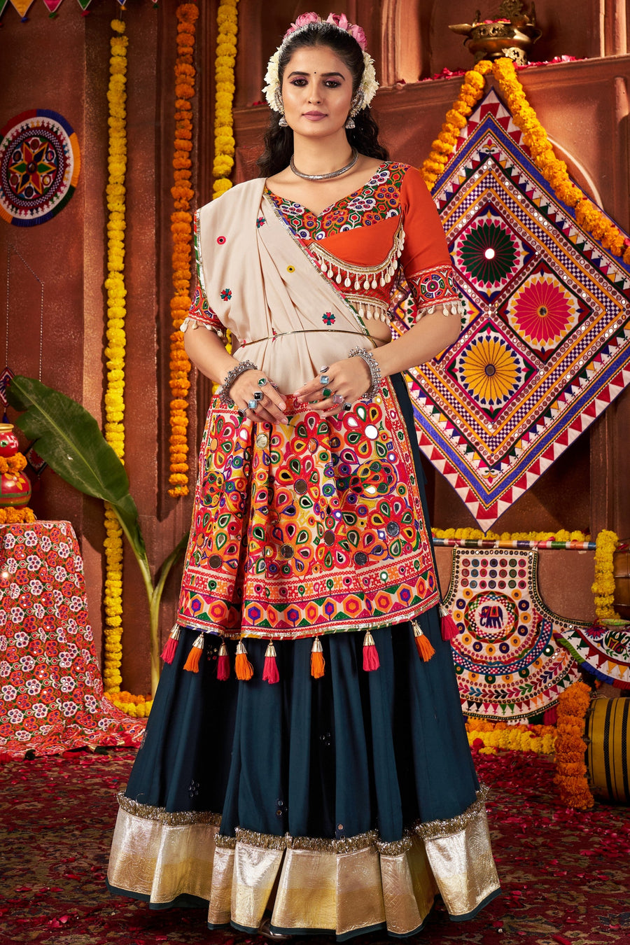 Teal Viscose Navratri Garba Cotton Chaniya Choli For Garba Indian Festivals 9 Meter Flair - Kutchi Patch Work, Real Mirror Work, Thread Embroidery Work