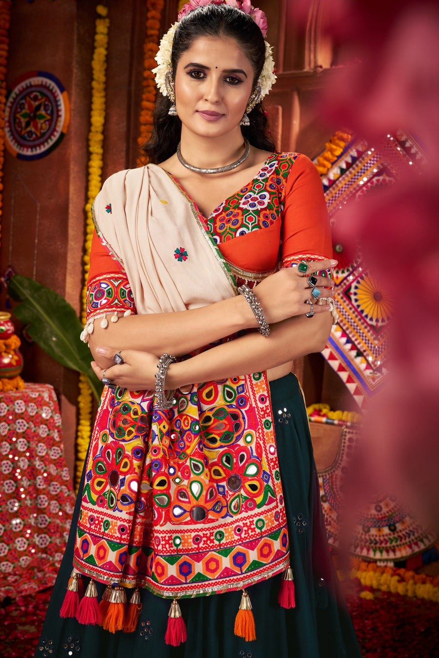 Teal Viscose Navratri Garba Cotton Chaniya Choli For Garba Indian Festivals 9 Meter Flair - Kutchi Patch Work, Real Mirror Work, Thread Embroidery Work