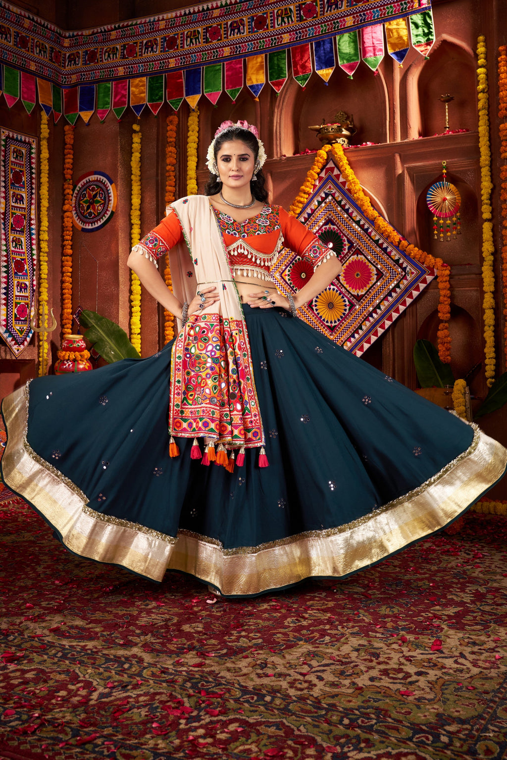 Teal Viscose Navratri Garba Cotton Chaniya Choli For Garba Indian Festivals 9 Meter Flair - Kutchi Patch Work, Real Mirror Work, Thread Embroidery Work