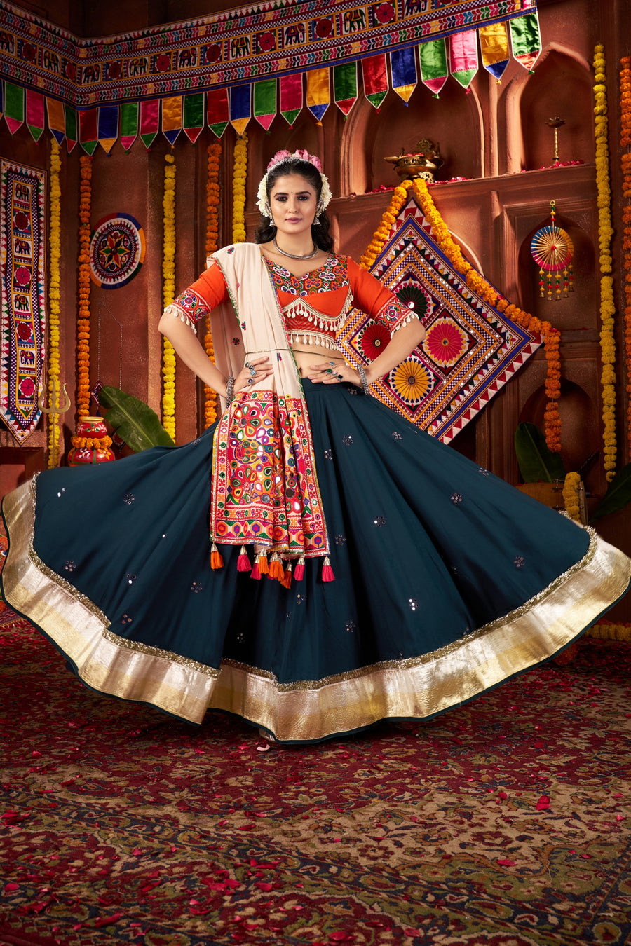 Teal Viscose Navratri Garba Cotton Chaniya Choli For Garba Indian Festivals 9 Meter Flair - Kutchi Patch Work, Real Mirror Work, Thread Embroidery Work