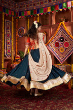 Teal Viscose Navratri Garba Cotton Chaniya Choli For Garba Indian Festivals 9 Meter Flair - Kutchi Patch Work, Real Mirror Work, Thread Embroidery Work